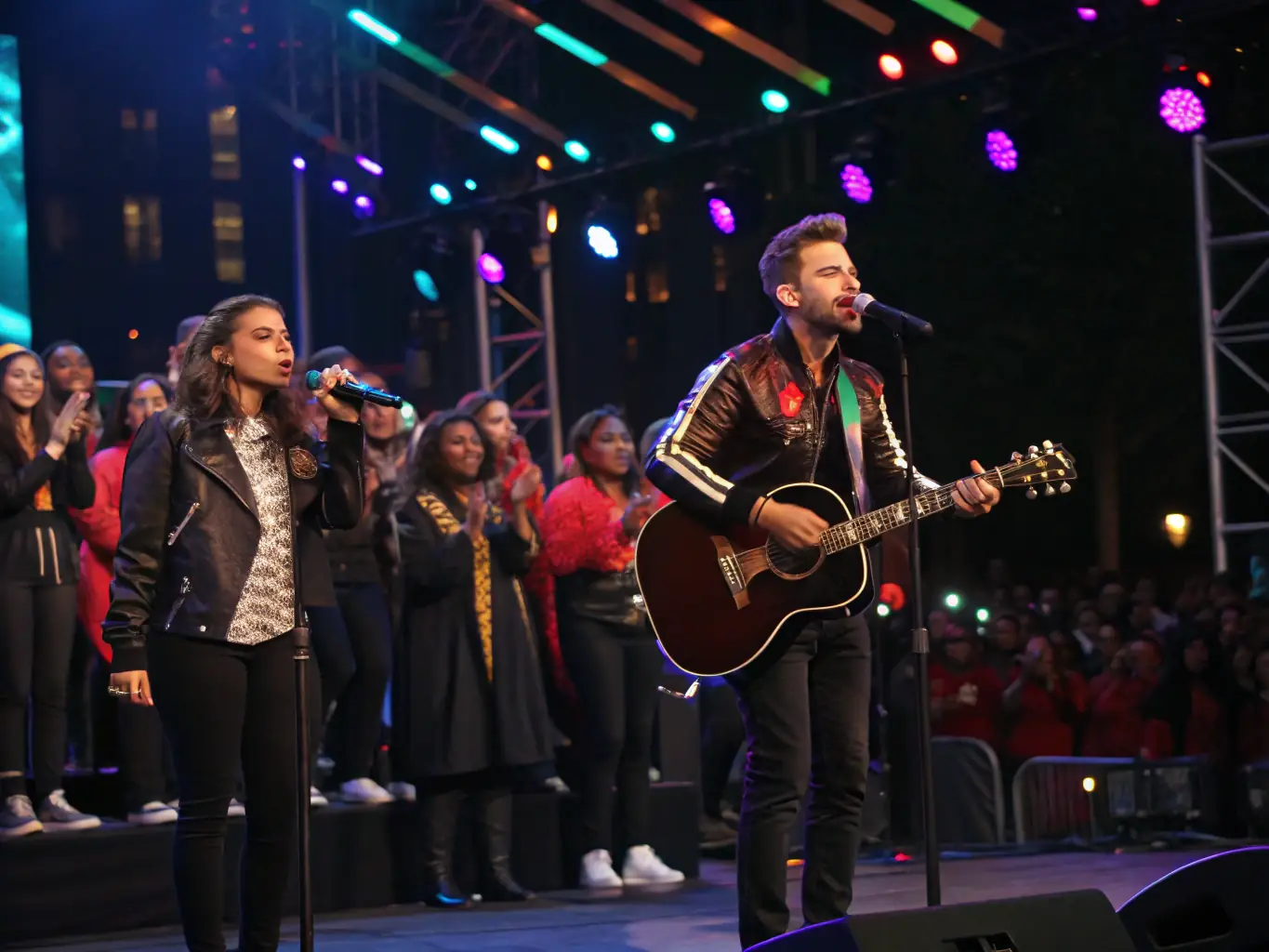 A vibrant image of a musical ensemble performing live on stage, highlighting the diverse musical talents supported by SPECTACLES EN RECOMMANDE.