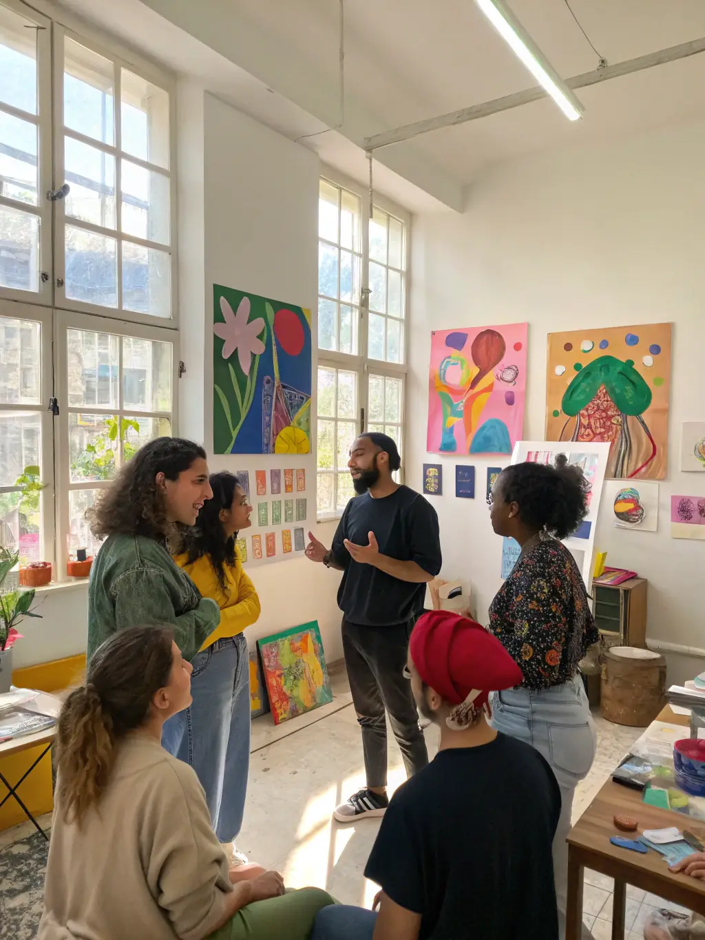 A photograph of a diverse group of artists participating in a networking event organized by SPECTACLES EN RECOMMANDE, fostering collaboration and resource sharing within the arts community.