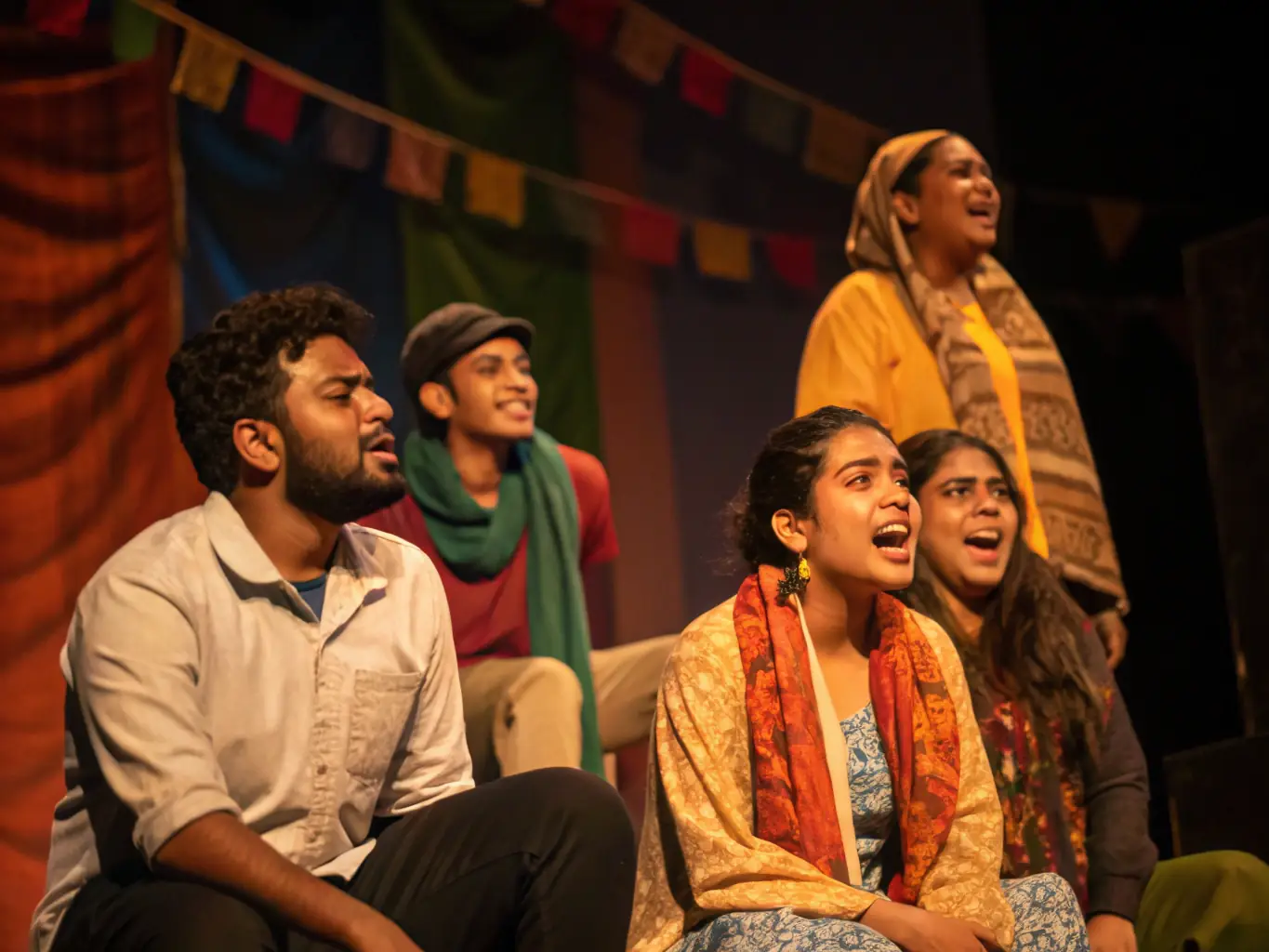 A vibrant photograph capturing a diverse audience enjoying a live theatrical performance in a community center, showcasing the accessible cultural programming supported by SPECTACLES EN RECOMMANDE.