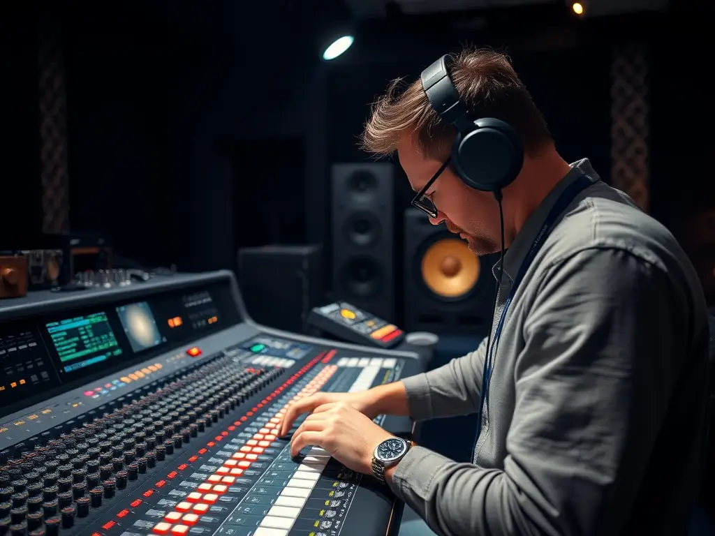 A detailed photograph of a sound engineer adjusting audio levels during a sound check for a live performance, showcasing the technical support provided by SPECTACLES EN RECOMMANDE.
