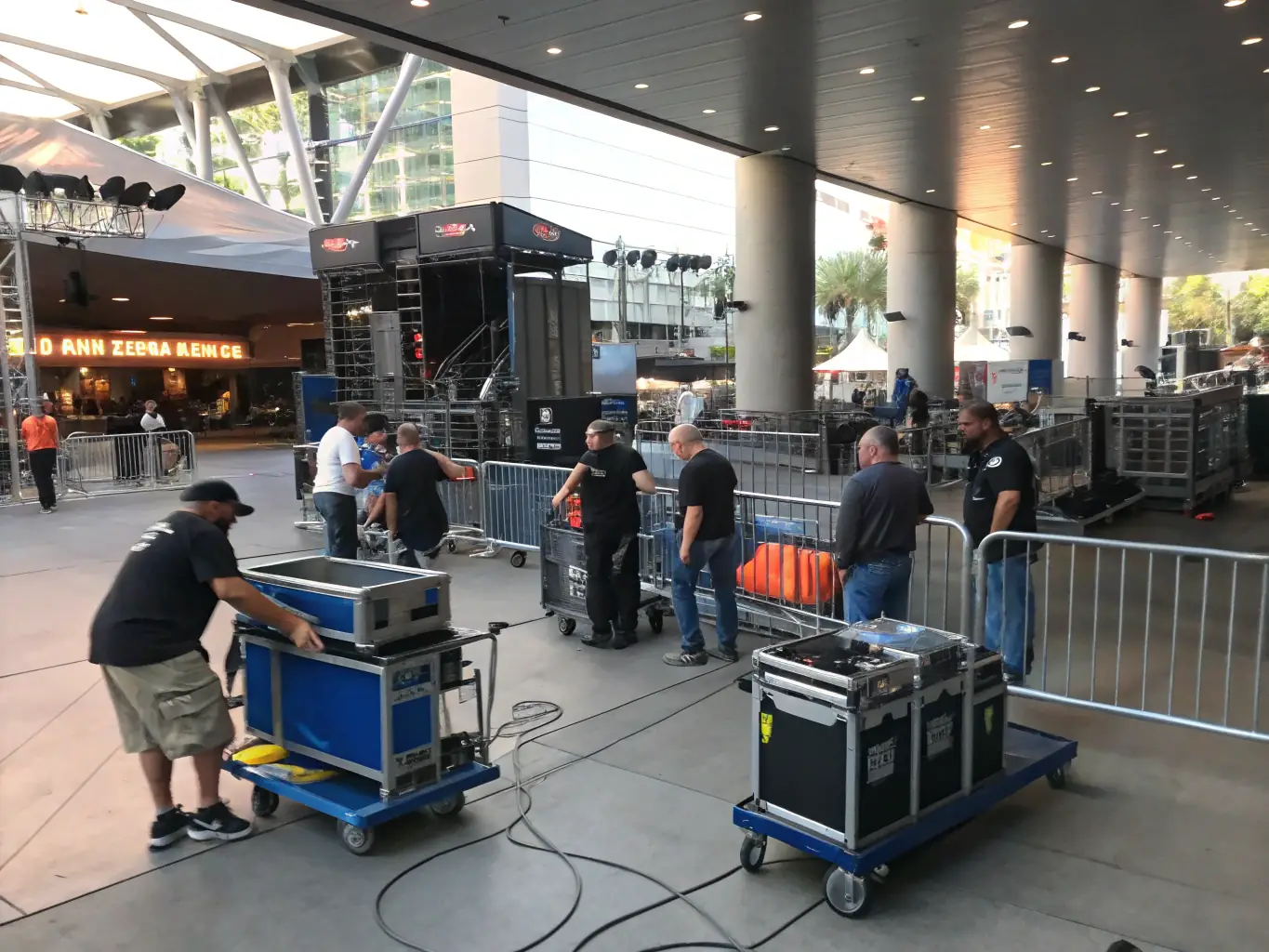 A dynamic image of event organizers coordinating logistics backstage at a theater, highlighting the logistical assistance provided by SPECTACLES EN RECOMMANDE.