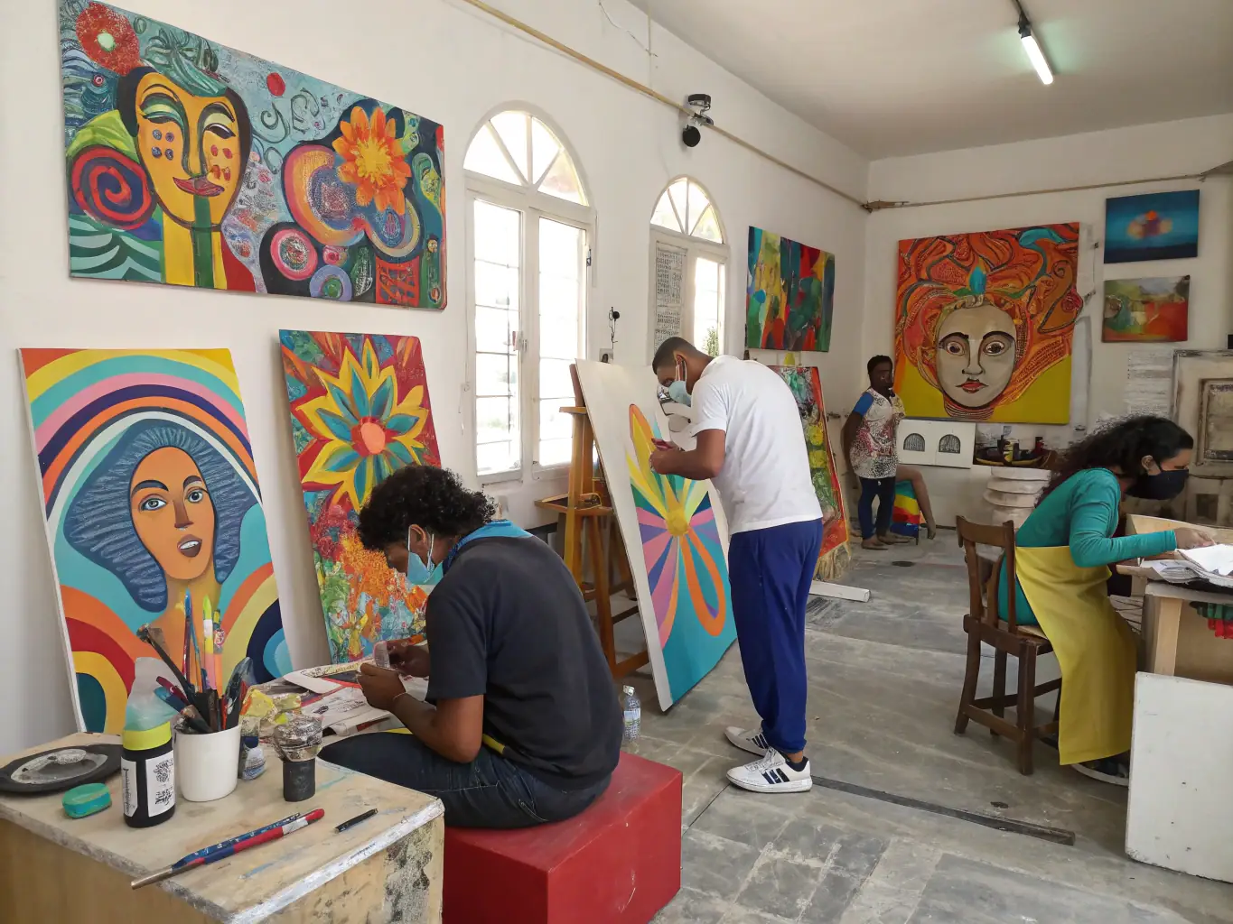 A dynamic image showcasing a diverse group of artists participating in a workshop, with instructors providing guidance and hands-on training.