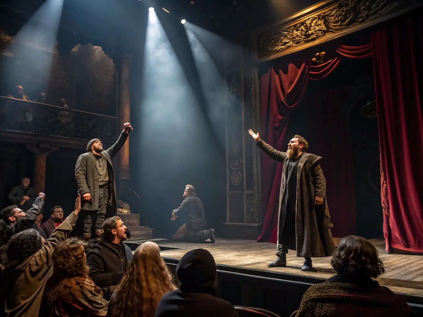 A photograph capturing a live theatrical performance with dynamic lighting and engaged audience members, showcasing the energy and excitement of SPECTACLES EN RECOMMANDE events.