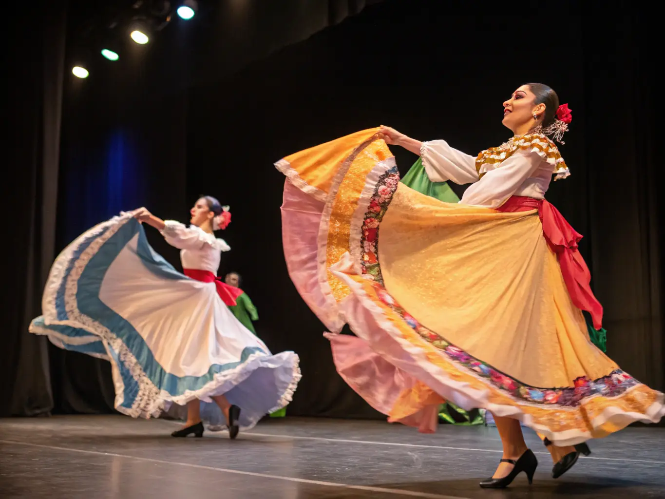 A photograph of a dance performance with dancers in motion, set against a backdrop of creative lighting and stage design, capturing the artistry of SPECTACLES EN RECOMMANDE's dance events.