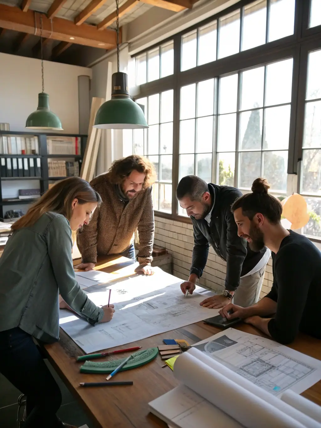 A behind-the-scenes image of a workshop facilitated by SPECTACLES EN RECOMMANDE, showing artists collaborating and learning new skills in stage design and technical production.